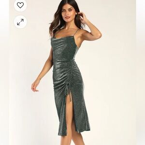Lulus Wishing On You Green and Silver Shimmer Cowl Neck Ruched Midi Dress NWT